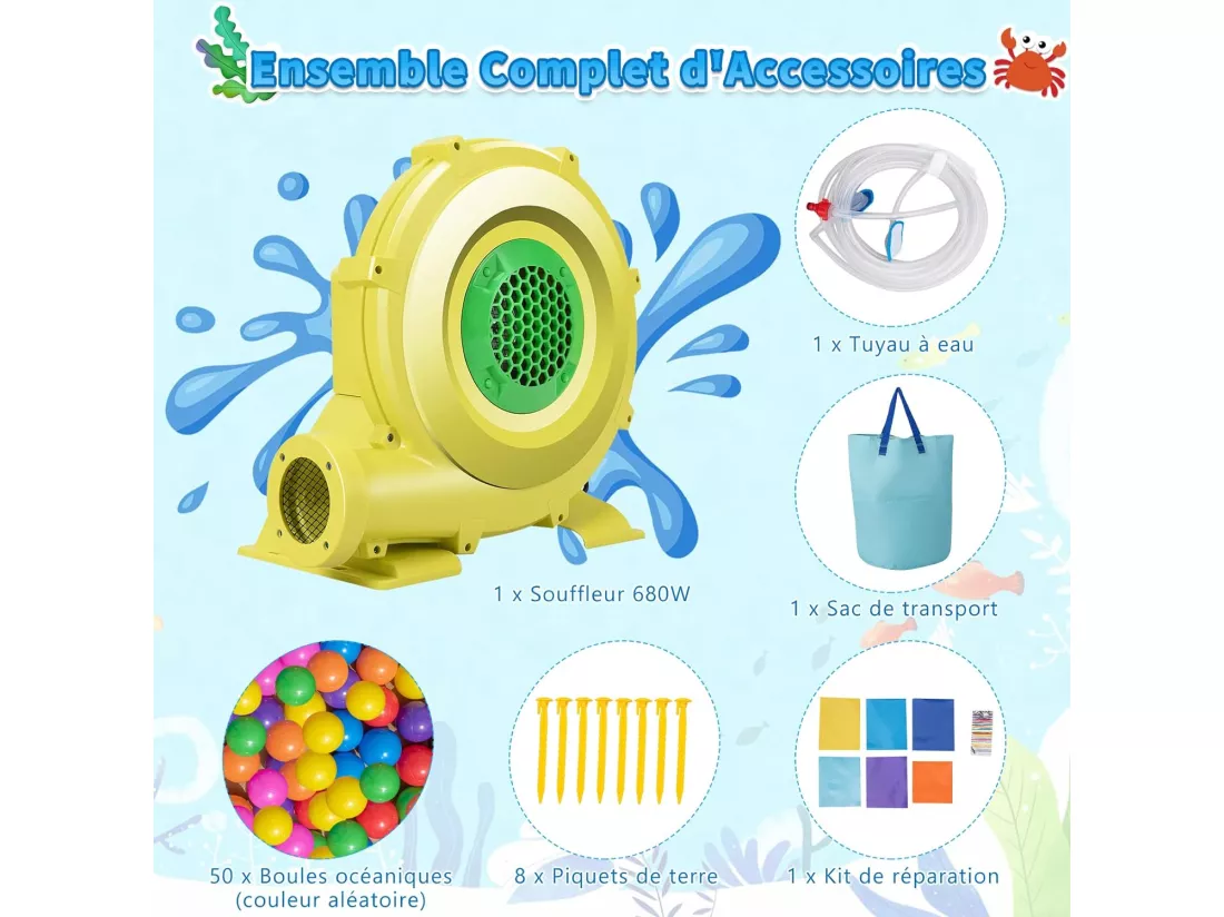 Château Gonflable Océan 6 en 1 avec Toboggan Aquatique & 2 Piscines, Maison de Rebond Gonflable avec Souffleur 680W, Canon à Eau, Zone de Saut, Charge 90kg pour 2 Enfants de 3-10 Ans