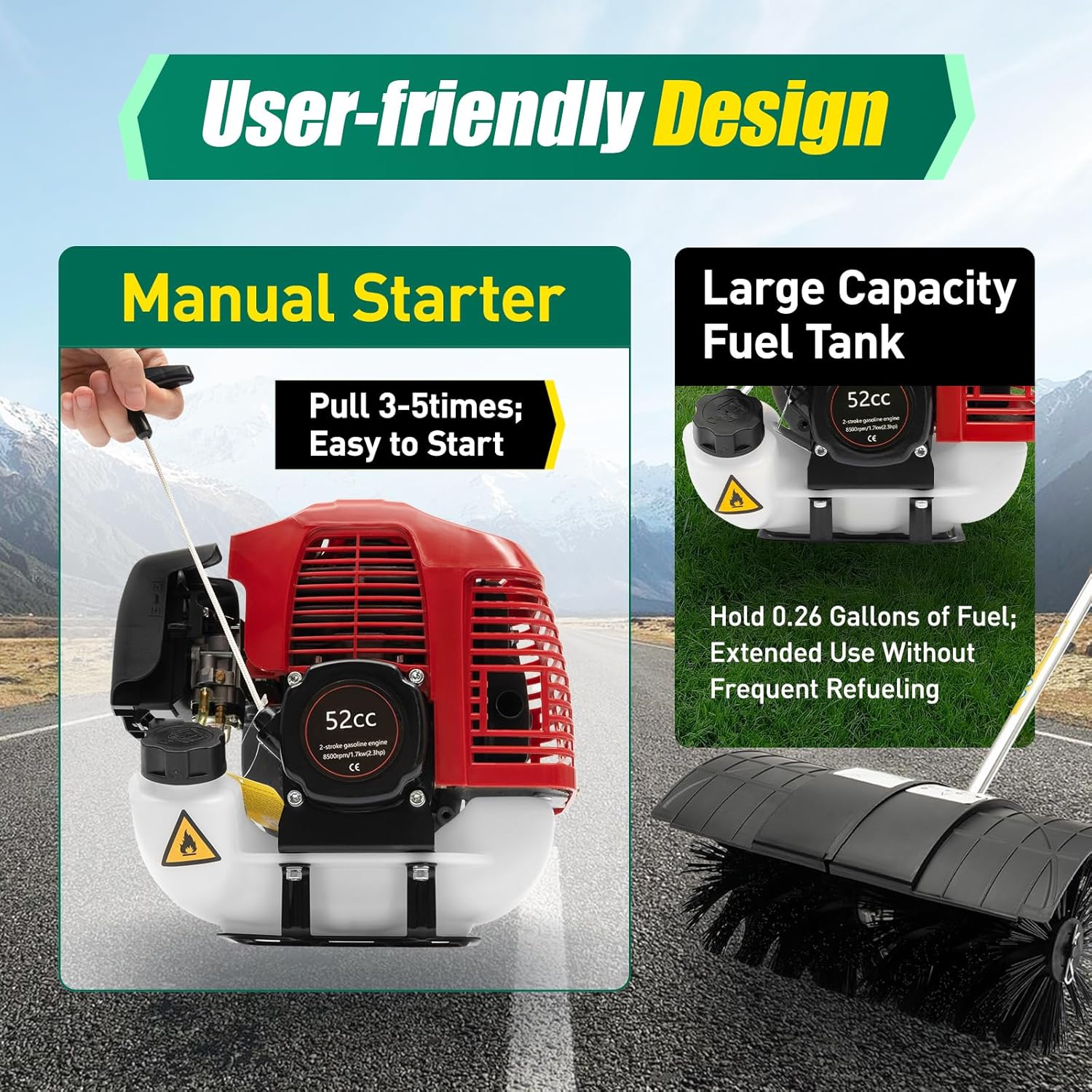 52CC 2-Takt Benzin-Schneefräsen, Kehrmaschine Benzin 1.7kw / 2.3hp Motorbesen Kehrmaschine‎ Schneefräsen für die Reinigung von Kunstrasenplätzen, Hausmeistern, Straßenreinigung und Bauernhöfen