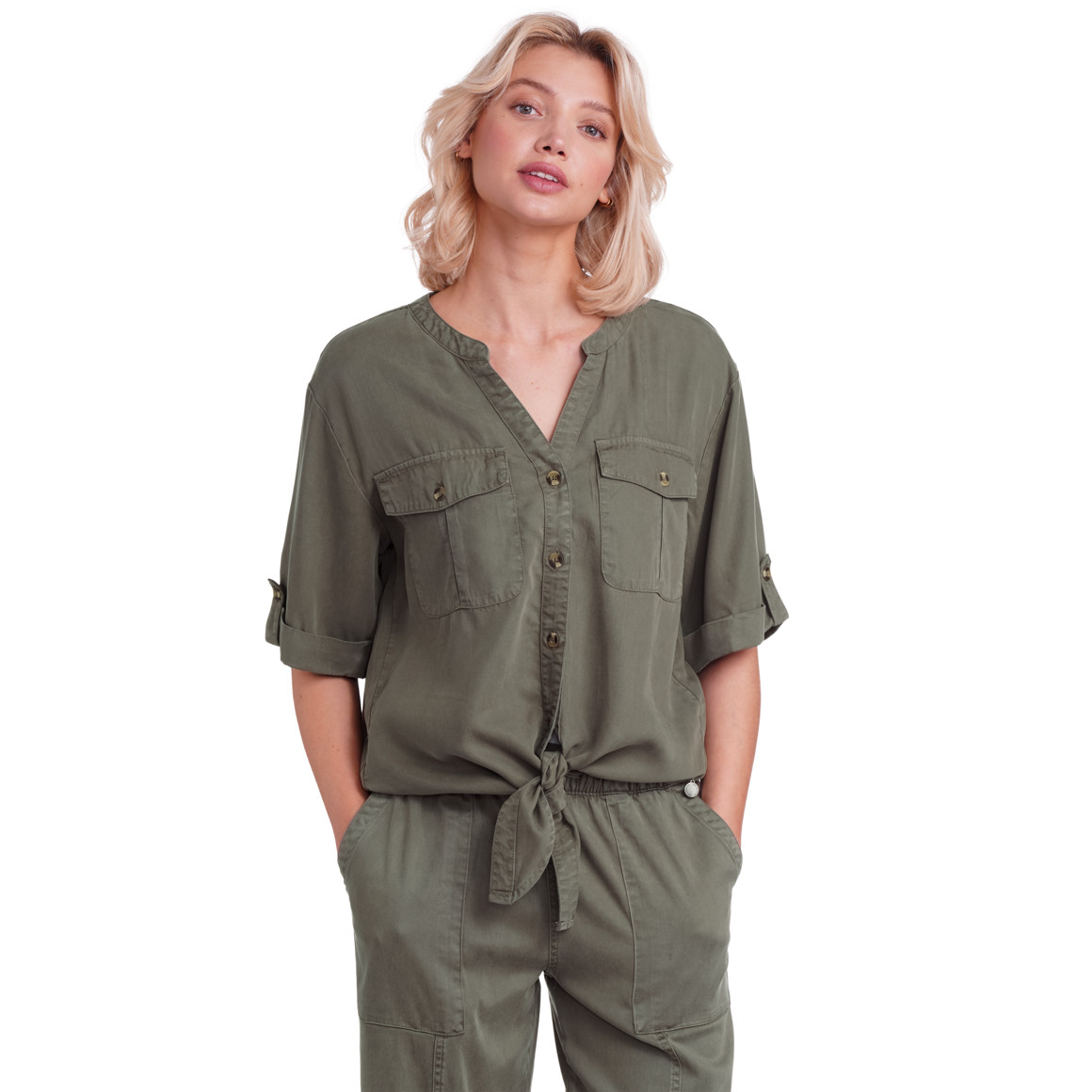 Gina Collection Damen Bluse mit Knotendetail dunkelgrün