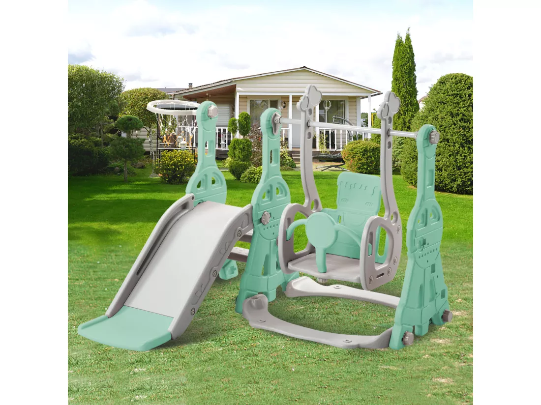 Toboggan 4 en 1 avec balançoire et support de basket-ball pour enfants, échelle d'escalade, pour intérieure et extérieure, vert