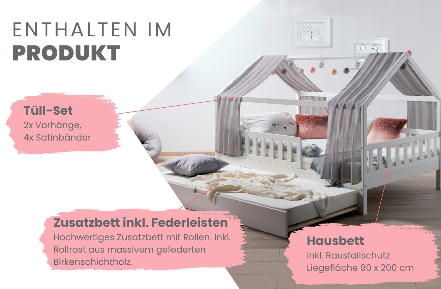 TiCAA TiCAA Kinderbett Hausbett mit Tüll Kim 90x200 cm, 100x200 cm, 120x200 cm, 140x200 für Jungen & Mädchen, inkl. Rolllattenrost, Zusatzbett und Rausfallschutz variabel, MontessoriBett weiß aus Kiefer Massivholz