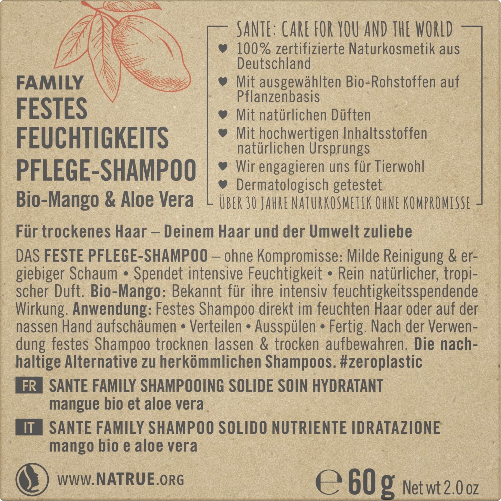 Santé naturally.  Festes Feuchtigkeits Pflege-Shampoo, 60 g