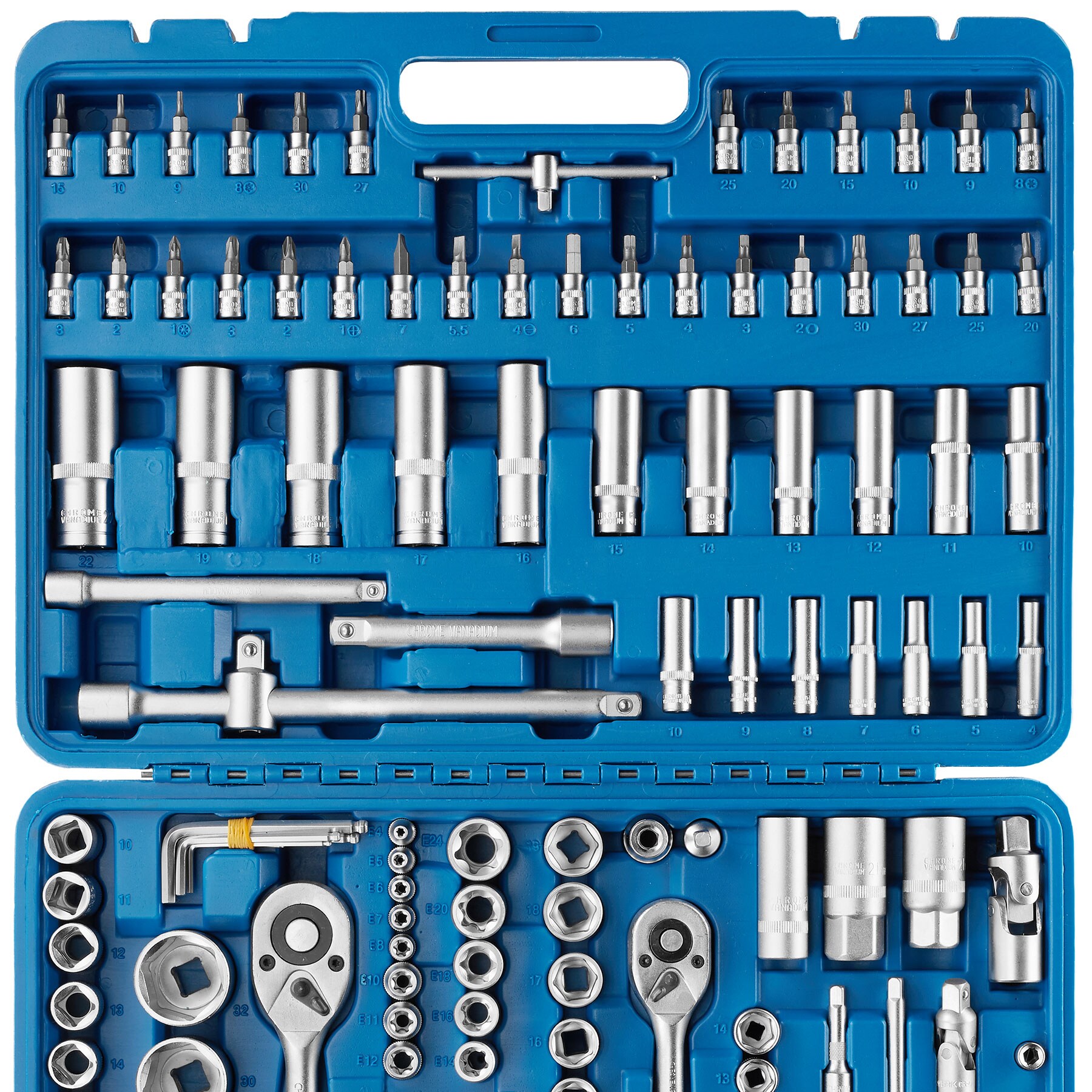 tectake® Steckschlüsselsatz, 171-teilig, 1/4, 3/8 und 1/2 Zoll, mit Kodierung und Kugelfangrille, übersichtliche Anordnung im Kunststoffkoffer