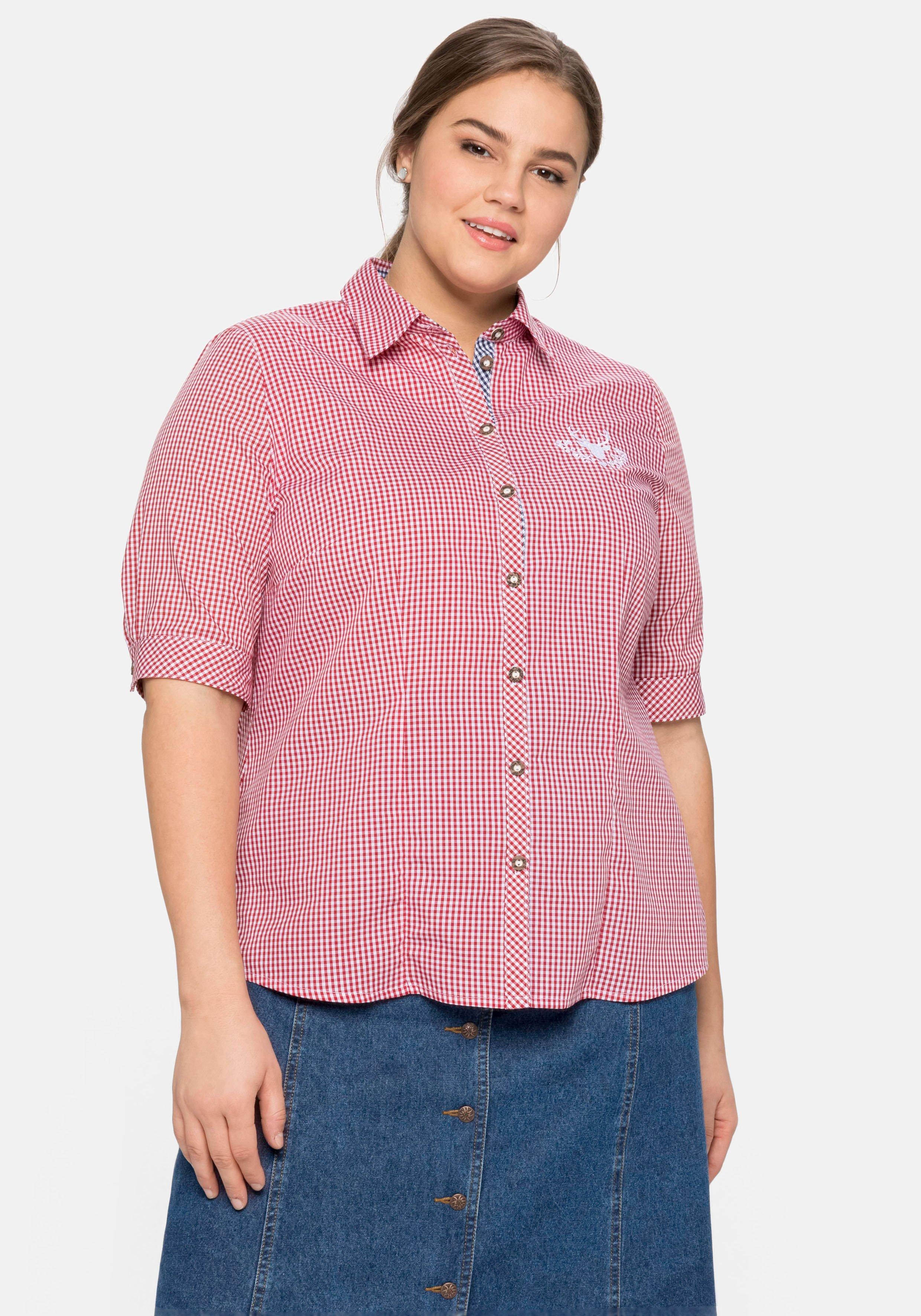 Karierte Trachtenbluse mit Stickereien