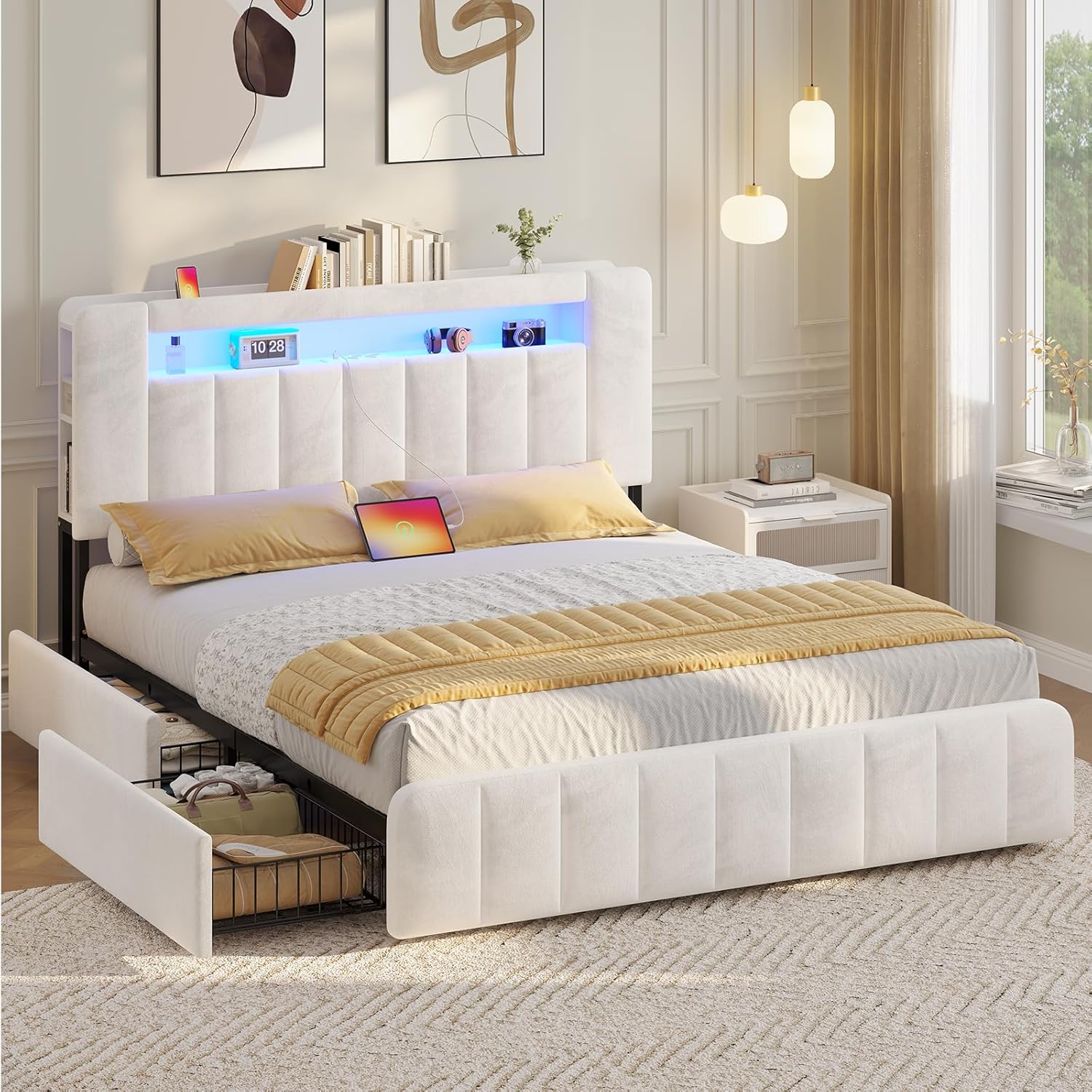 AOGLLATI Polsterbett 140x200 cm mit Stauraum - 4 Schubladen Jugendbett mit LED-Beleuchtung & Ladestation,Doppelbett mit Kopfteil aus Samt Bett 140x200 mit Lattenrost-ohne Matratze,Beige Samt