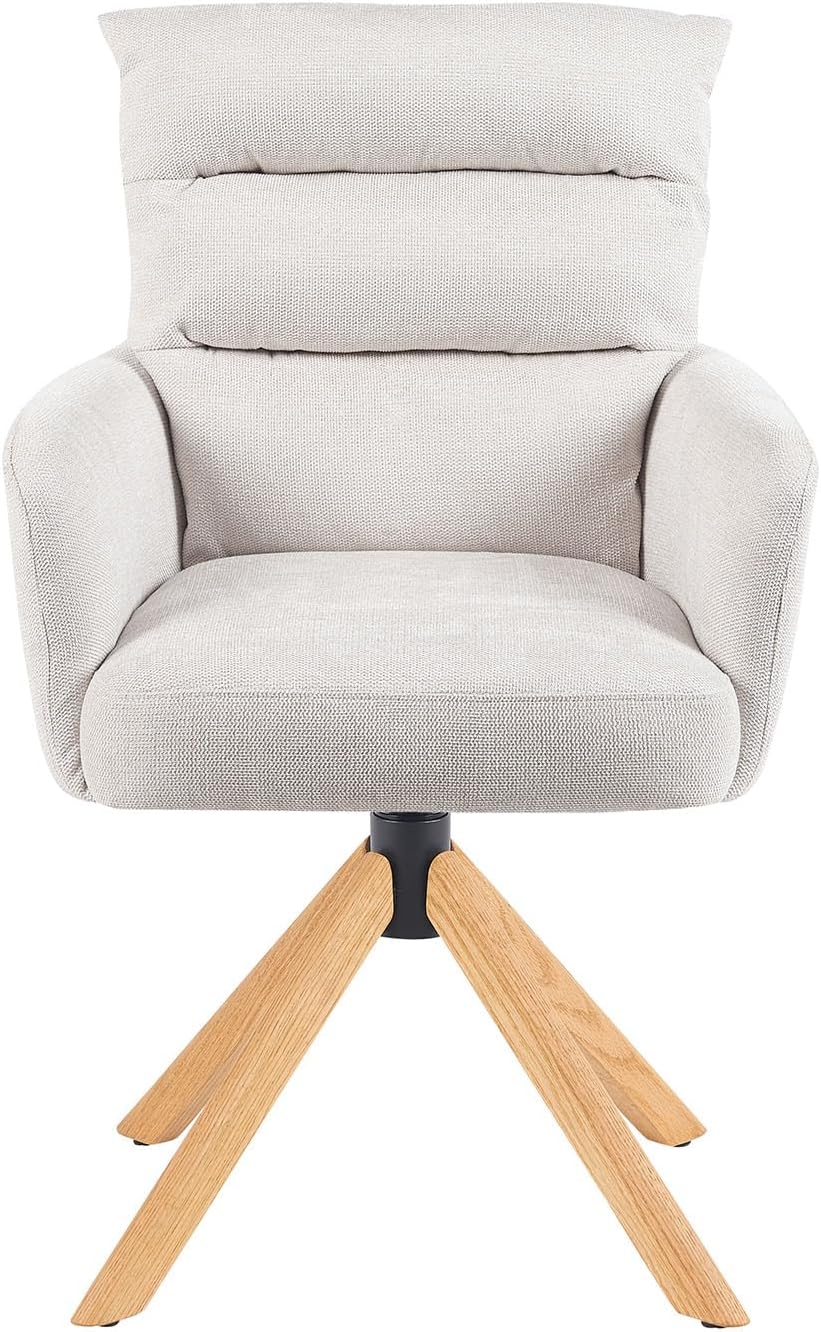 DUBI Möbel Esszimmerstühle 2er Set 360° drehbar mit Rückstellfunktion, Taschenfederkern, hoher Sitzkomfort, bis 150 kg belastbar, Stoff Creme, Eiche Massivholzgestell geölt (Natur), Mika-Jule