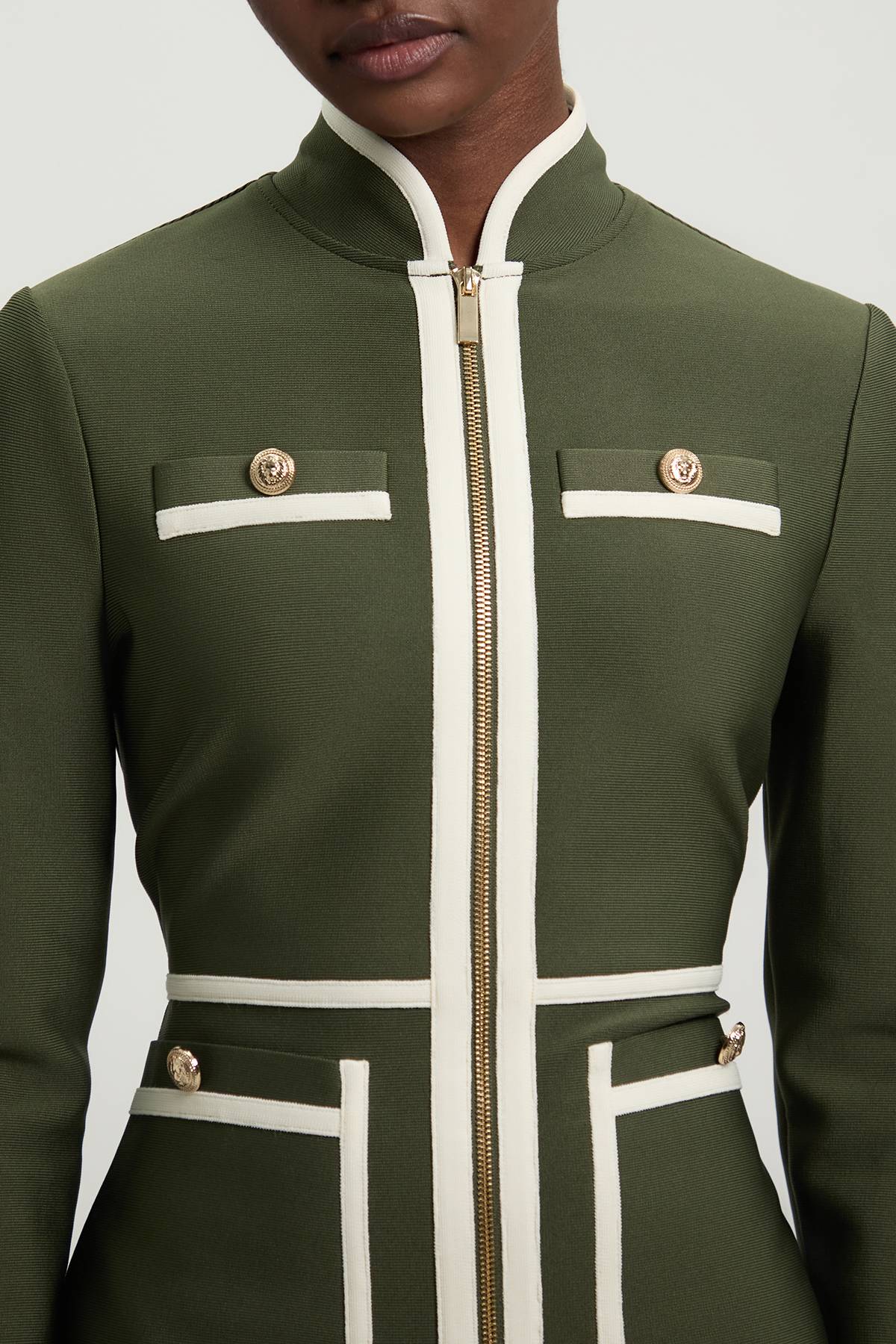 KarenMillen Robe Mini Militaire Moulante en Maille Bandage avec Détail de Passepoil