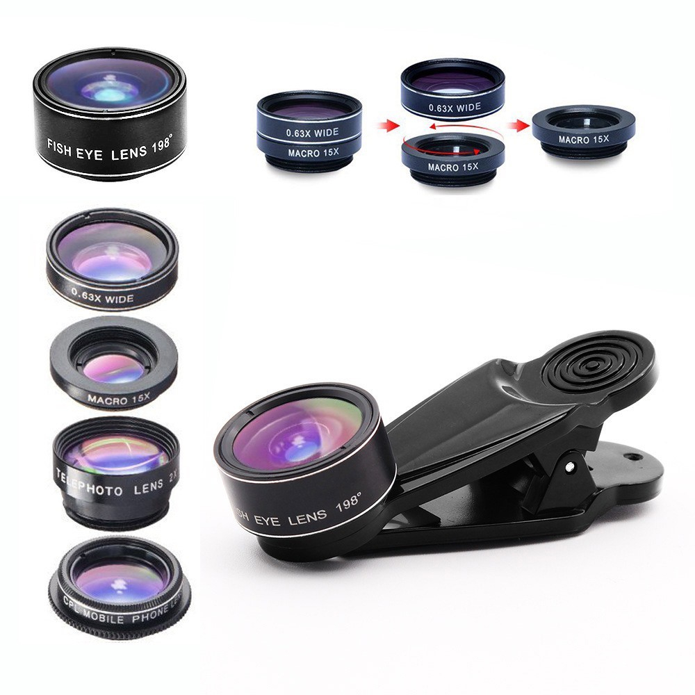 5in1 Kamera Teleobjektiv mit Clip (Teleskop/Weitwinkel/Fish Eye/CPL Makro) - Schwarz