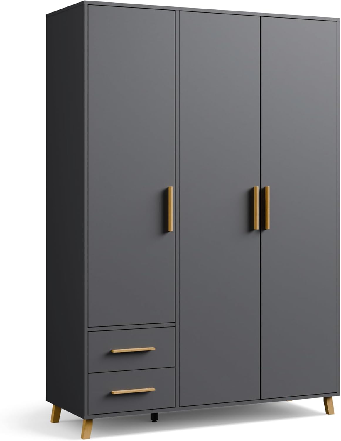 Rauch Möbel Shinjo Kleiderschrank für Schlafzimmer, Kinderzimmer, Babyzimmer, 3-türig, 2 Schubladen mit Zubehör Classic, Griffe und Füße aus Massivholz, Farbe Grau metallic, Schwarz, 140x203x53cm