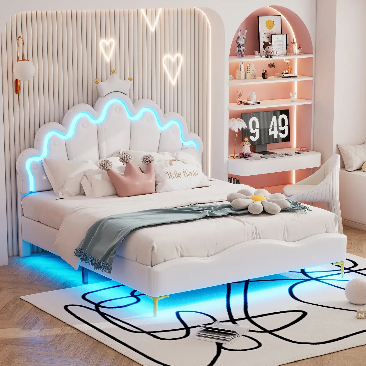 KOMHTOM Lit double plat blanc 140 * 200cm, intérieur en cuir pu doux, bande lumineuse d'environnement LED réglable