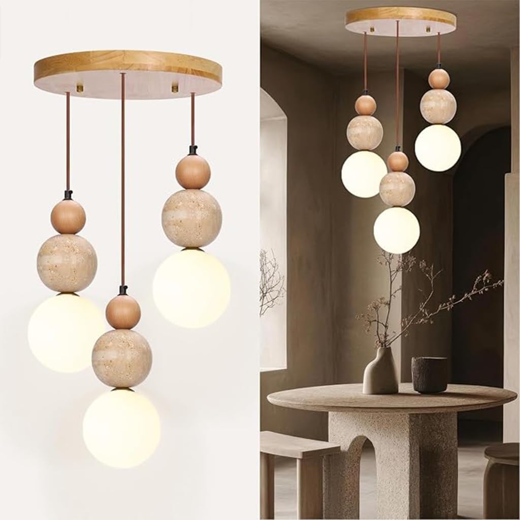 Wabi Sabi 3-Licht Pendelleuchte Travertin Stein Einbau Japandi Japanischer Nordischer Stil Sphärische Holz Kronleuchter Für Kücheninseln Esszimmer Wohnzimmer(A)