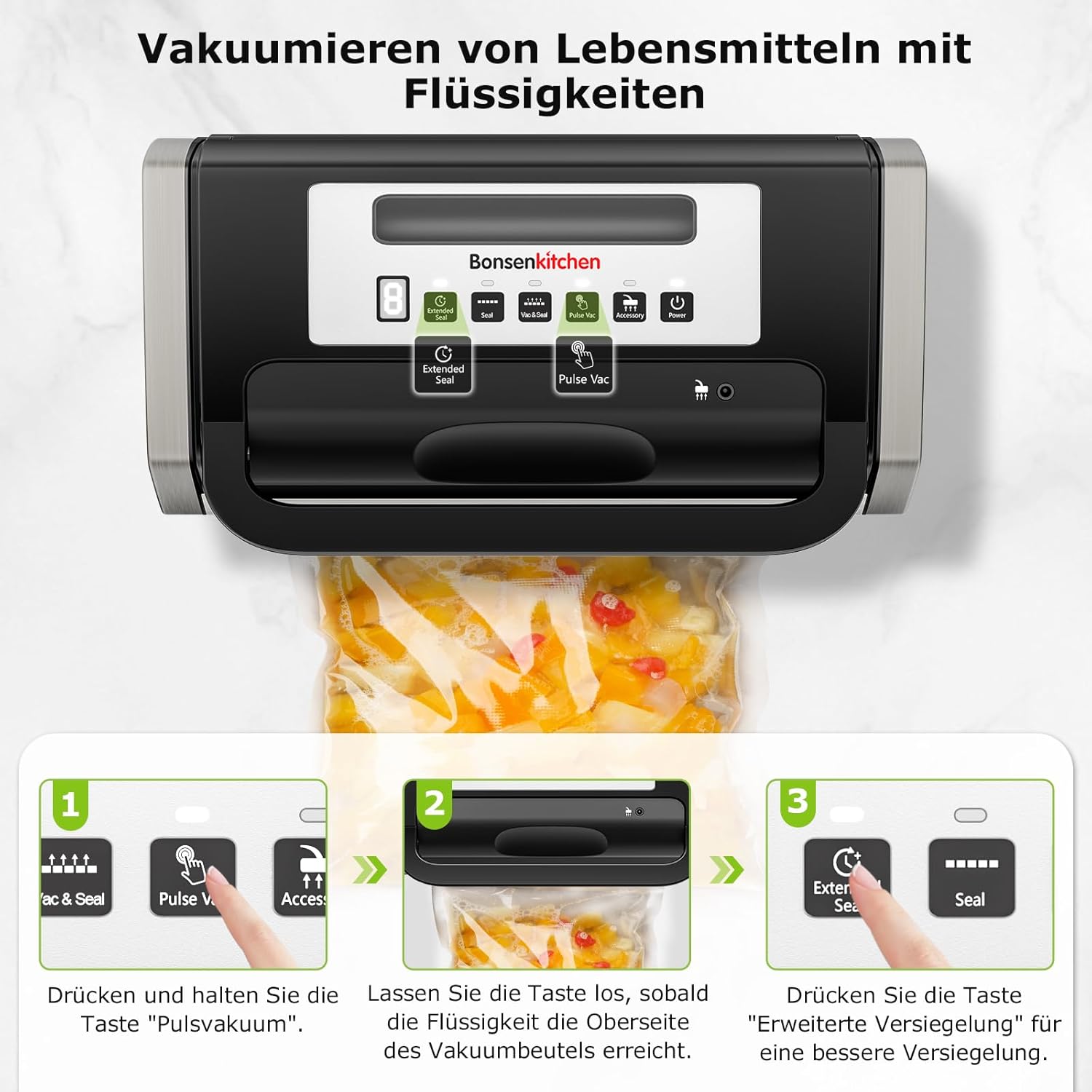 Bonsenkitchen Vakuumiergerät, Vakuumierer-15L/Min Hochleistung, Testsieger Sehr Gut, Nachhaltigkeitszertifizierung, Design mit Griffverriegelung und Integrierter Schneider, inkl.2 Rollen Vakuumrollen