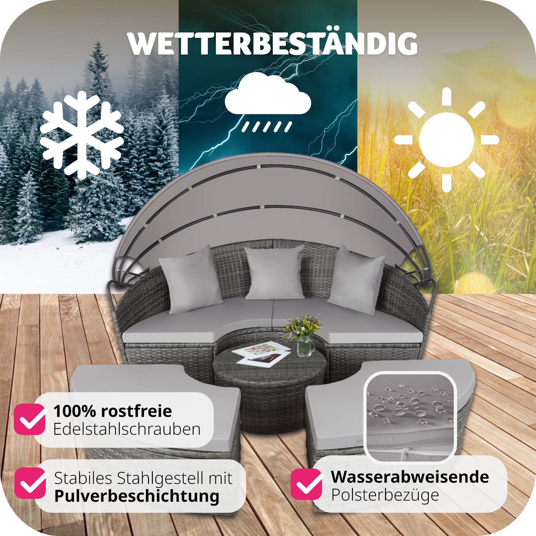 tectake® Rattan Sonneninsel, widerstandsfähig, klappbares Sonnendach, variabel aufstellbar