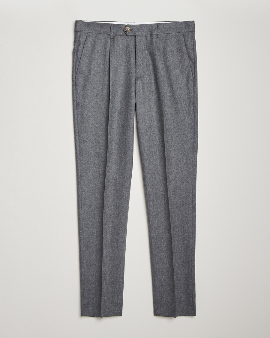 Brunello Cucinelli Slim Fit Pleated Flannel Trousers Grey Melange