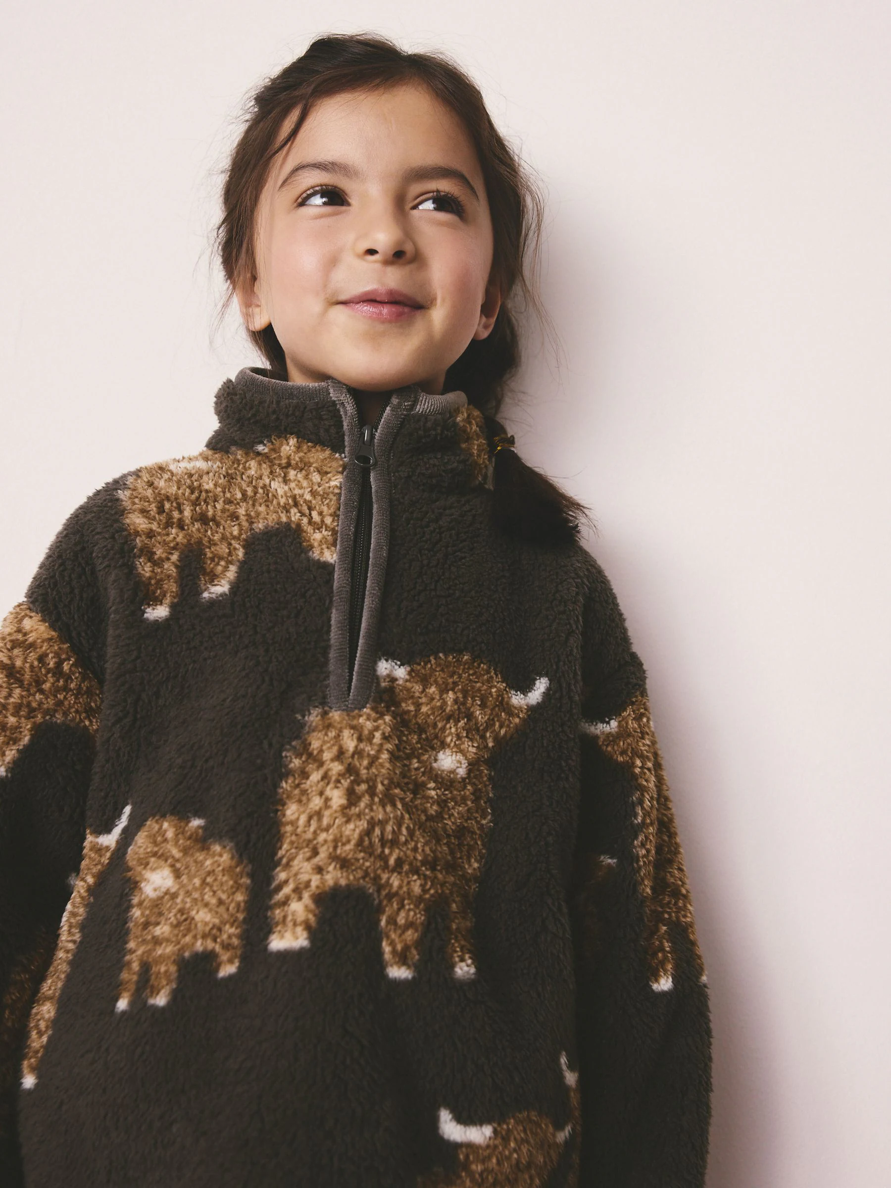 Antraciet - Hamish The Highland Cow Matching Family Borg Zip Neck Fleece (3-16yrs)