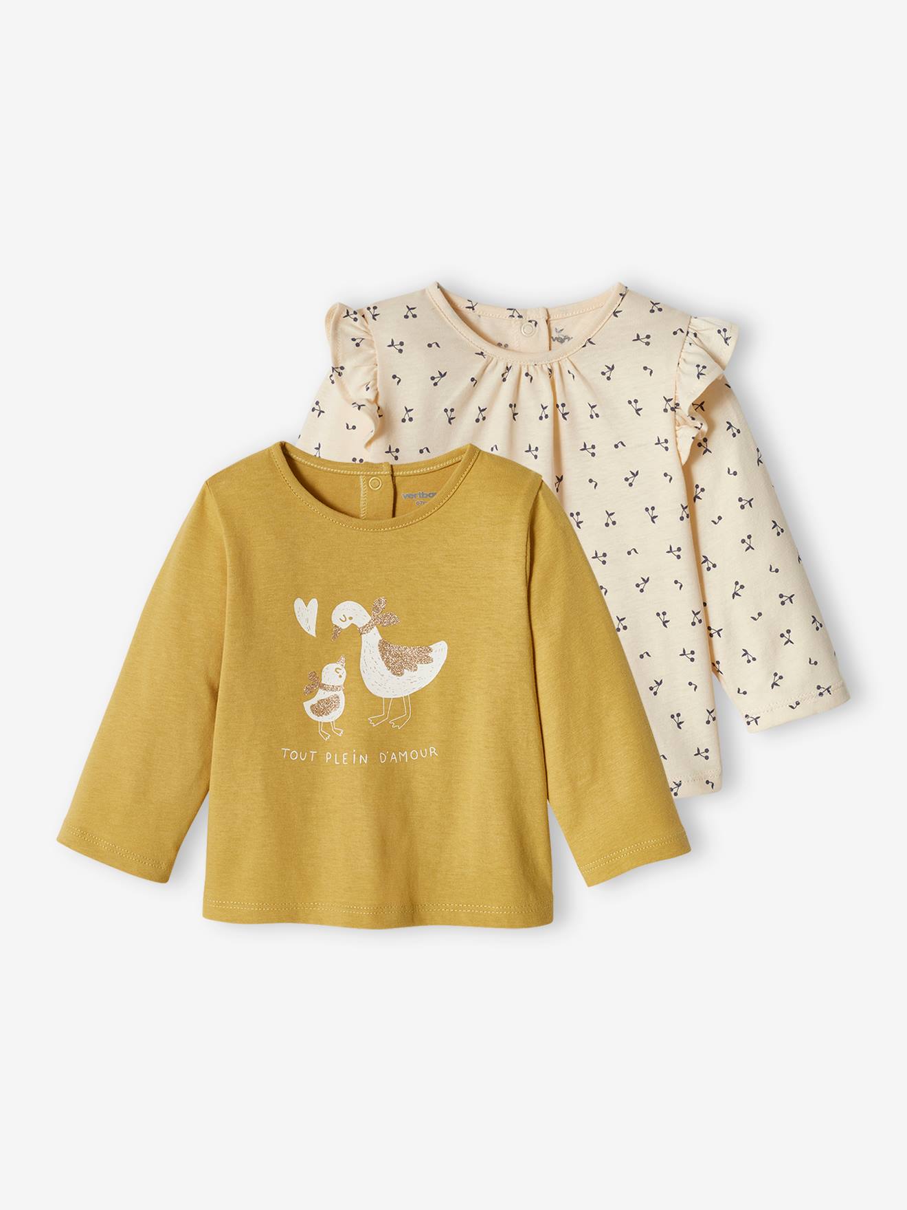 Conjunto de 2 camisetas básicas de manga comprida para bebês na cor amarelo claro.