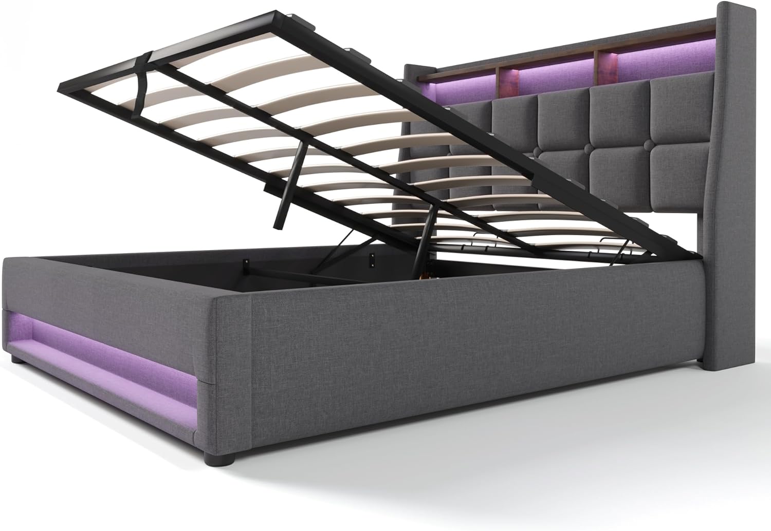 Boxspringbett mit Stauraum, Polsterbet 180x200 Doppelbett mit LED und 2 USB-Anschluss, Hydraulisch Stauraumbett Rückenlehne Bettgestell, Lattenrost aus Holz ohne Matratze, Grau