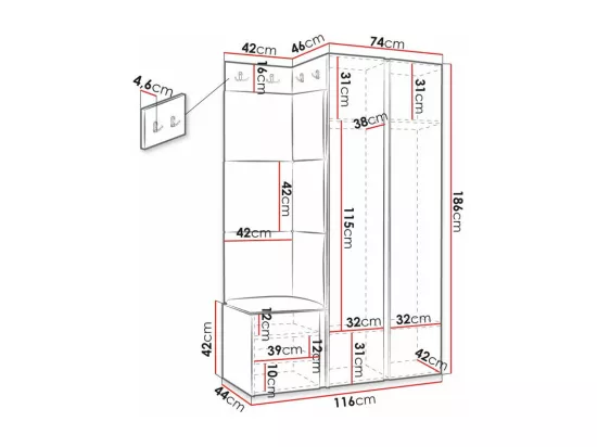 Meuble d'entrée Hartford 387, 186x116x46cm, Noir, MDF|Stratifié|Faux cuir