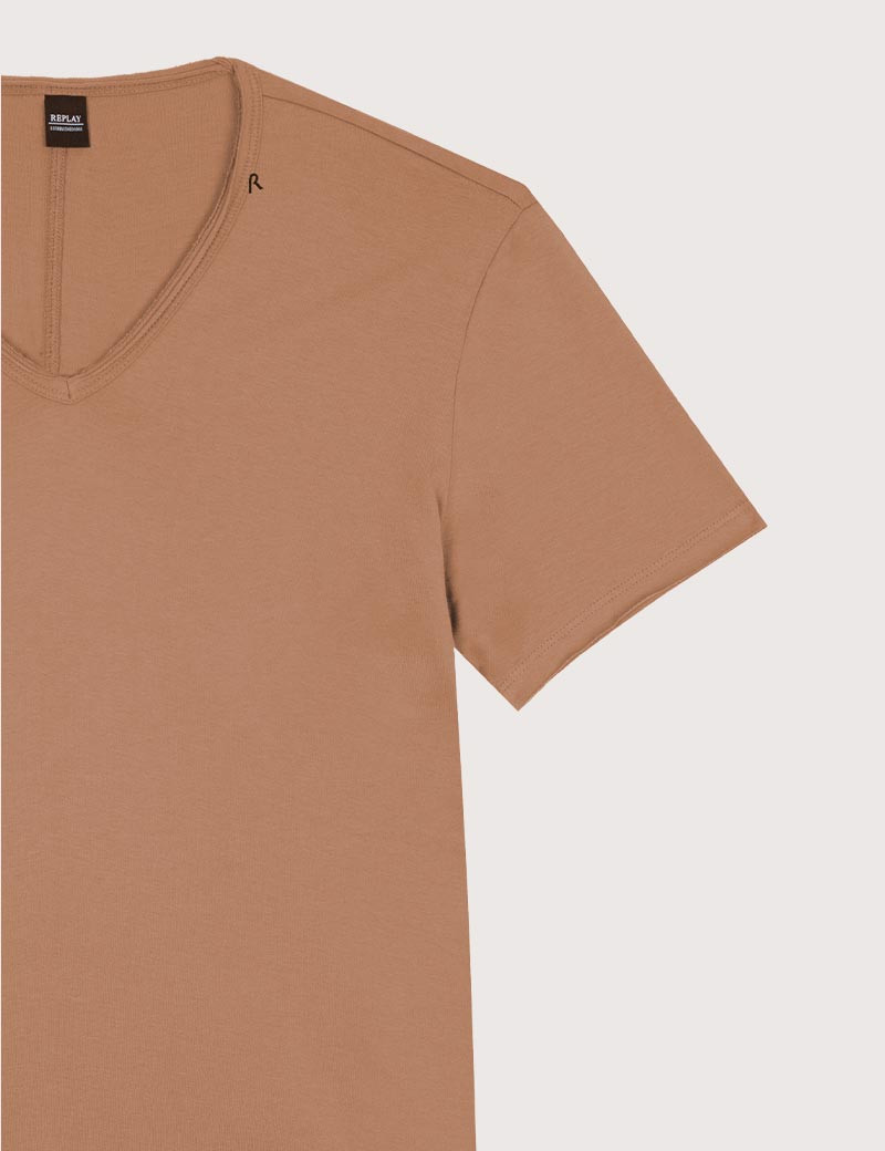 REPLAY T-SHIRT COL V COTON TABAC