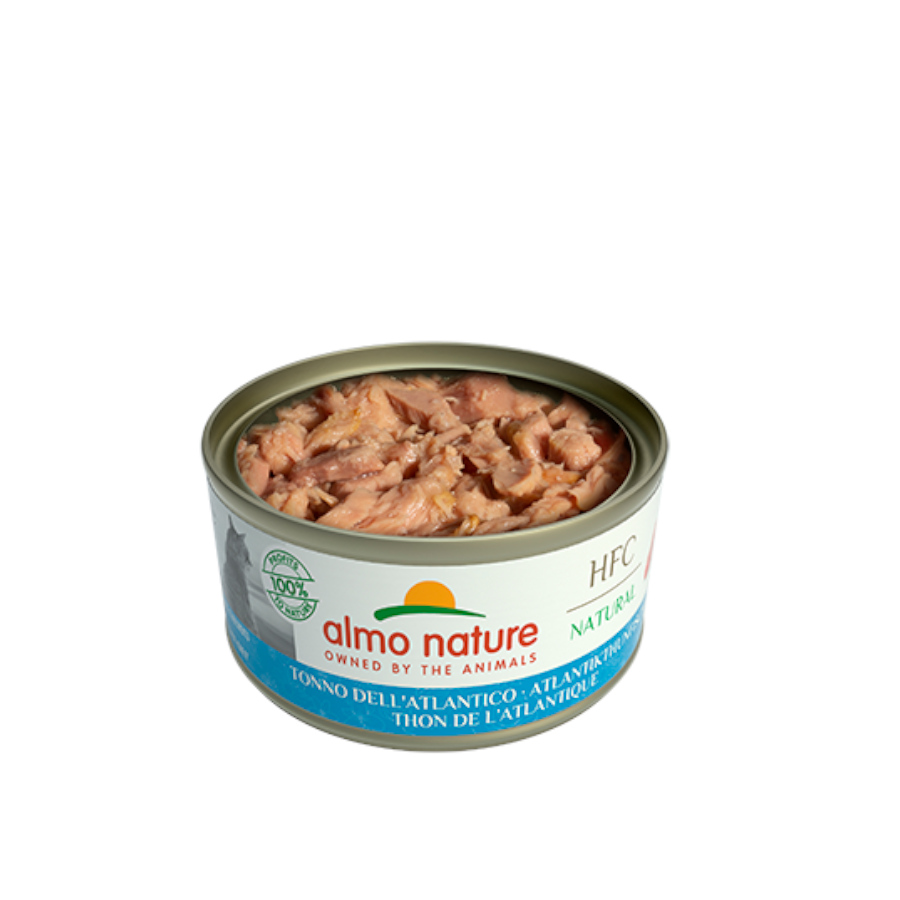 Atum Atlântico Almo Nature HFC em lata, 70g, para gatos.