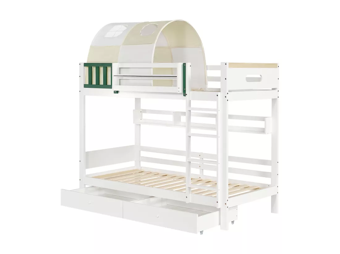 Lit superposé pour enfants, avec petite tente, rails, tiroirs, blanc + chartreuse, 90x200cm