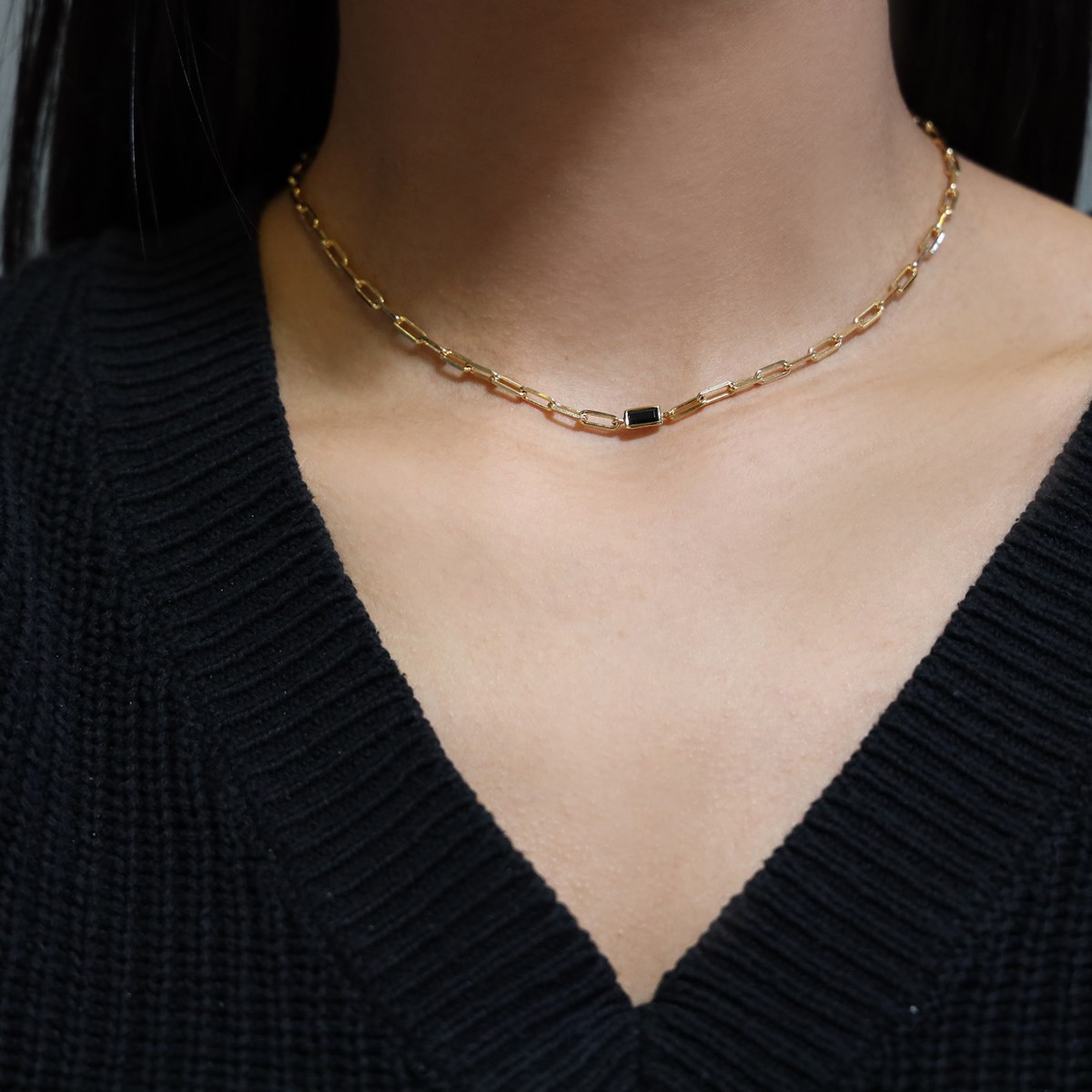Collier Doré Chaine En Argent Pierre Spinelle Noire