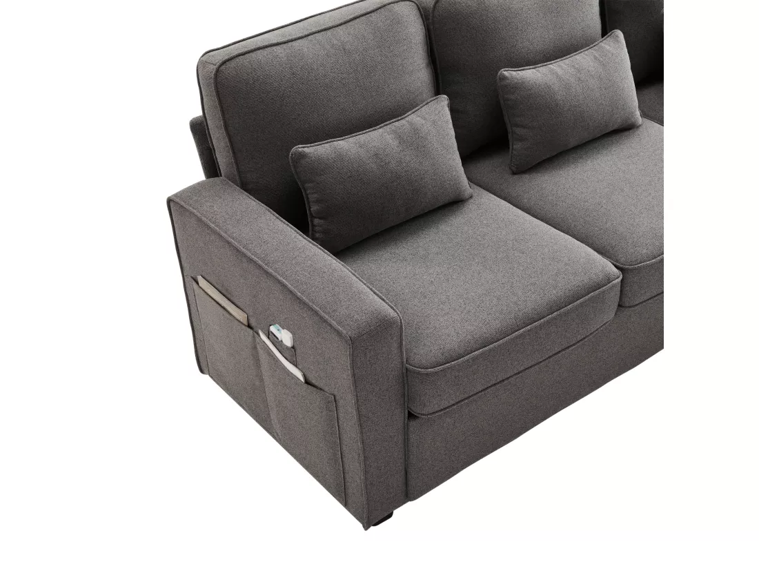 Canapé fixe 4 places en tissu lin - avec poches sur les côtés - Gris
