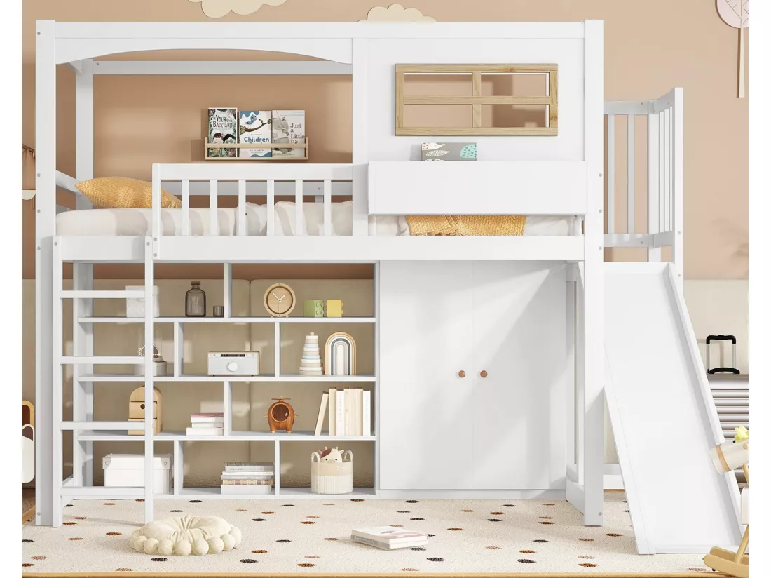 Lit mezzanine en bois et MDF - 90x200 cm - avec étagères、armoire et toboggan - Blanc