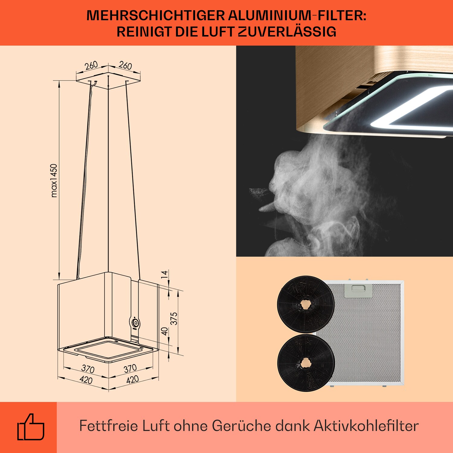Futurelight Smart Inselabzugshaube Umluft 420m³/h LED Edelstahl Gold
