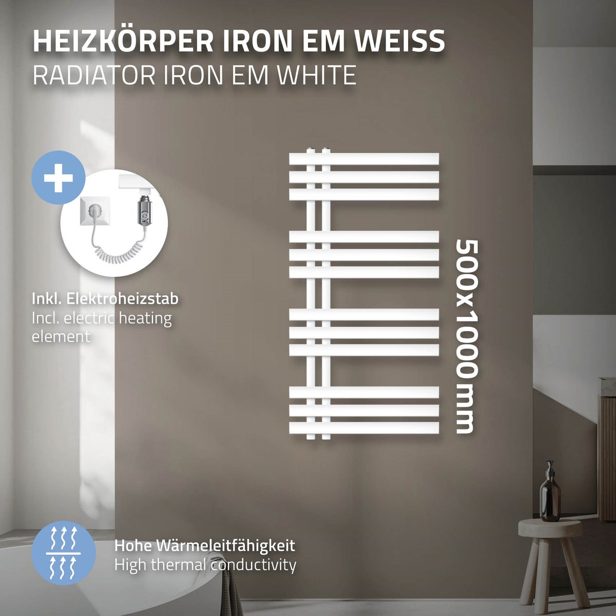 ECD Duitsland Elektrische badkamerradiator 500 x 1000 mm Wit met 300W verwarmingselement - Platte design badkamerradiator Paneelradiator Handdoekverwarmer Handdoekdroger Handdoekverwarmer