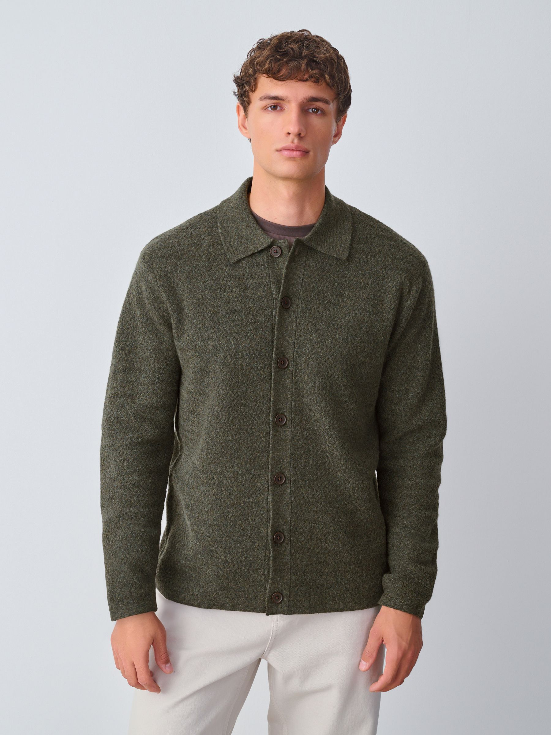 Groen - Regular Fit Textured Collared Cardigan with Wool