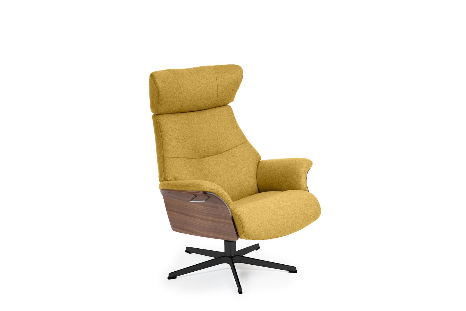 Air lenestol I tekstil Sheford 1383-17 Mustard, høy standard svingfot sort alu. Skrog i valnøtt
