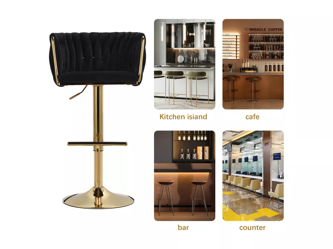 Lot de 2 Tabouret de Bar Réglable en Velours Chaise Bar Haute Tabourets de comptoir avec Pied Doré, Tabourets pour Bar/Cuisine, Noir