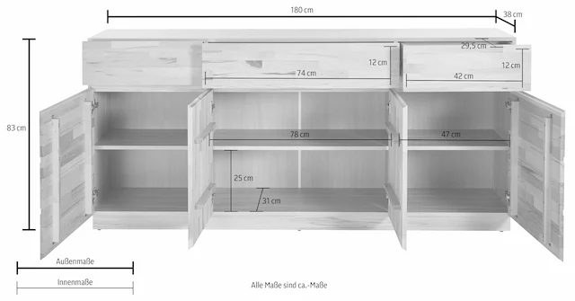Home affaire Sideboard Kommode, Breite 180 cm, teilmassiv, FSC®-zertifiziert