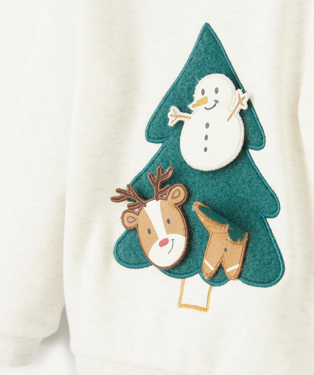 PULL DE NOËL BÉBÉ GARÇON EN FIBRES RECYCLÉES ÉCRU CHINÉ AVEC SAPIN EN SCRATCH