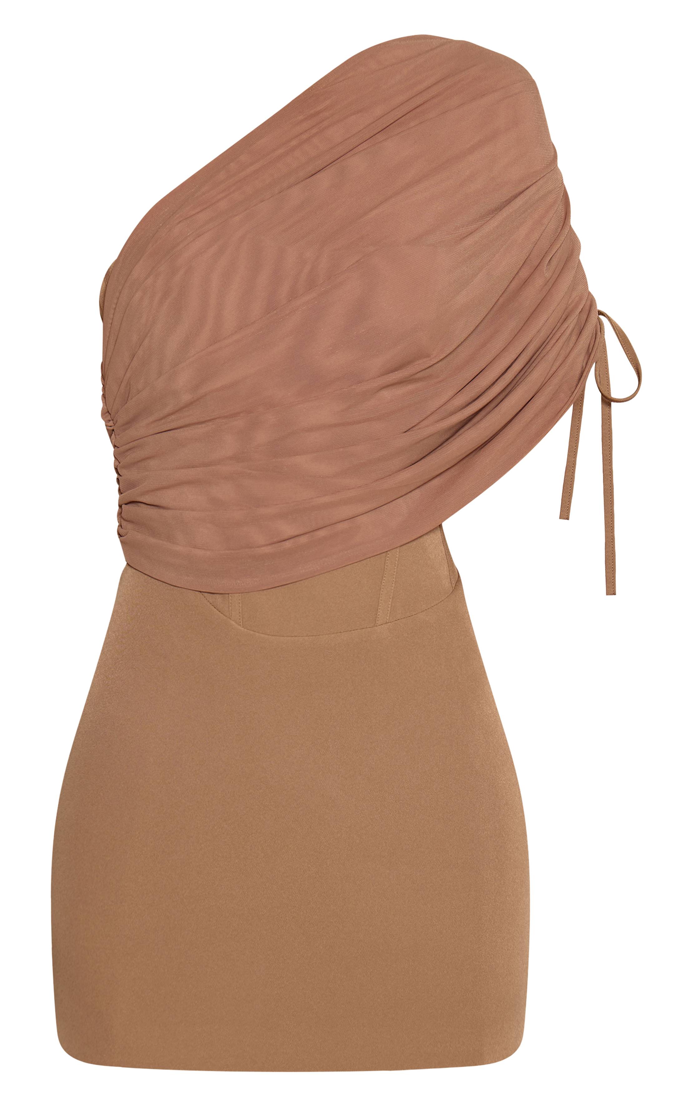 Taupe Robe Corset À Drapé D'épaule En Maille Tissée