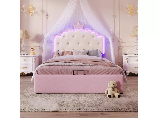 Lit rembourré 140 x 200 cm, avec lumière d'ambiance télécommandée, couronne de forme princesse, PU, rose