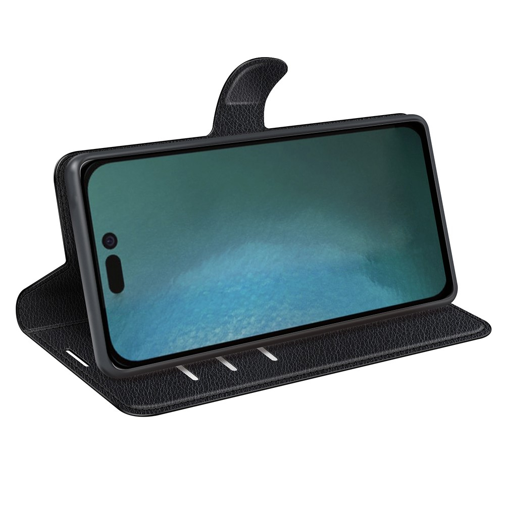 iPhone 14 Pro Max Leder Tasche Flip Cover Litchi Look - Schwarz