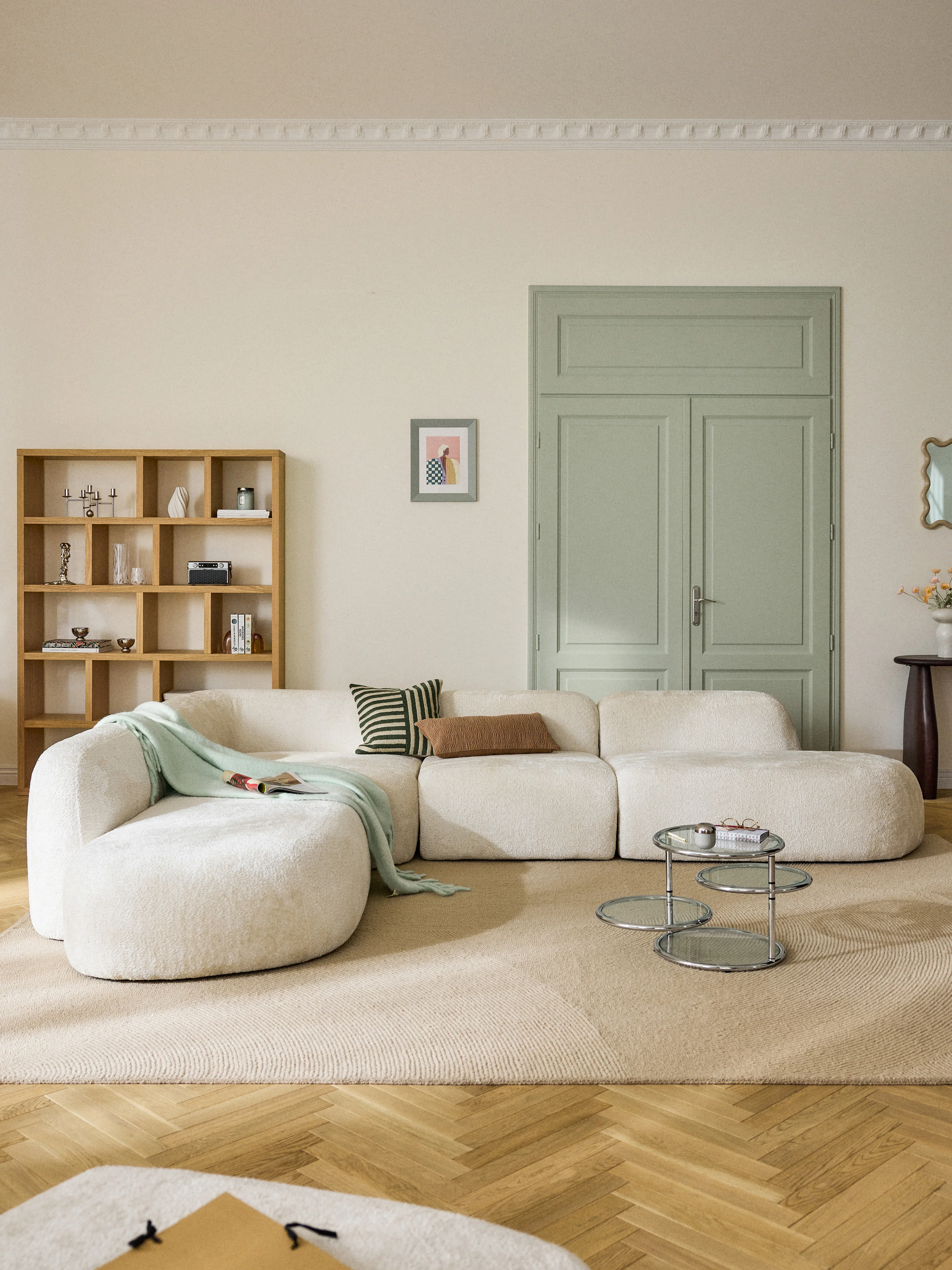 XL modulaire teddy bouclé hoekbank Wolke (4-zits) met chaise longue