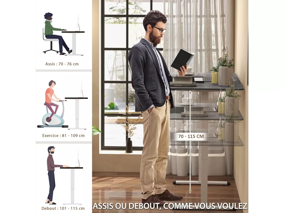 Bureau Assis Debout 70 x 140 cm, Bureau Électrique Réglable en Hauteur avec Mono-Moteur et Panneau à 2 Boutons, Table Réglable Hauteur, Support de Câble, Crochet (Gris Foncé)