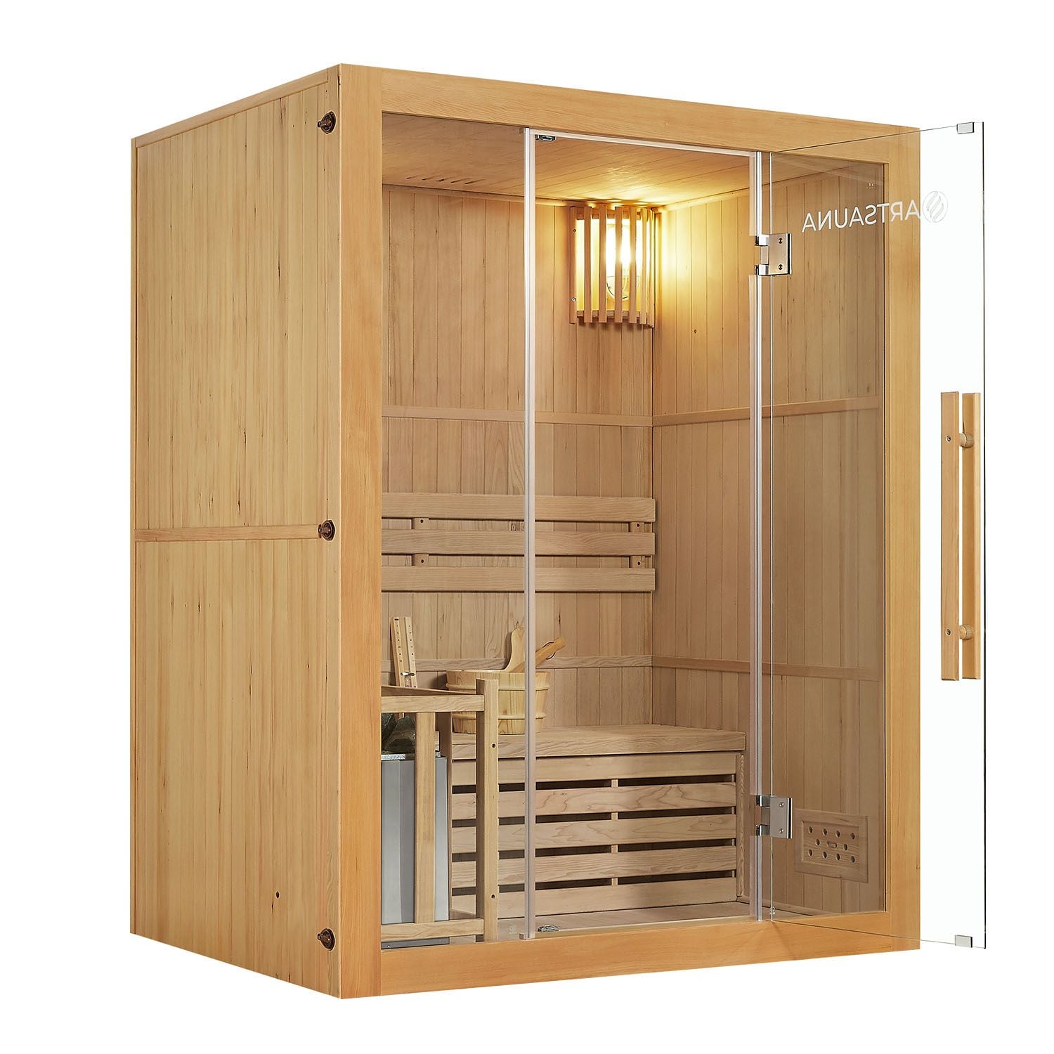 Artsauna Saunakabine Tampere mit Harvia Ofen – 2 Personen – Hemlock Holz & Glasfront – Inkl. Zubehör