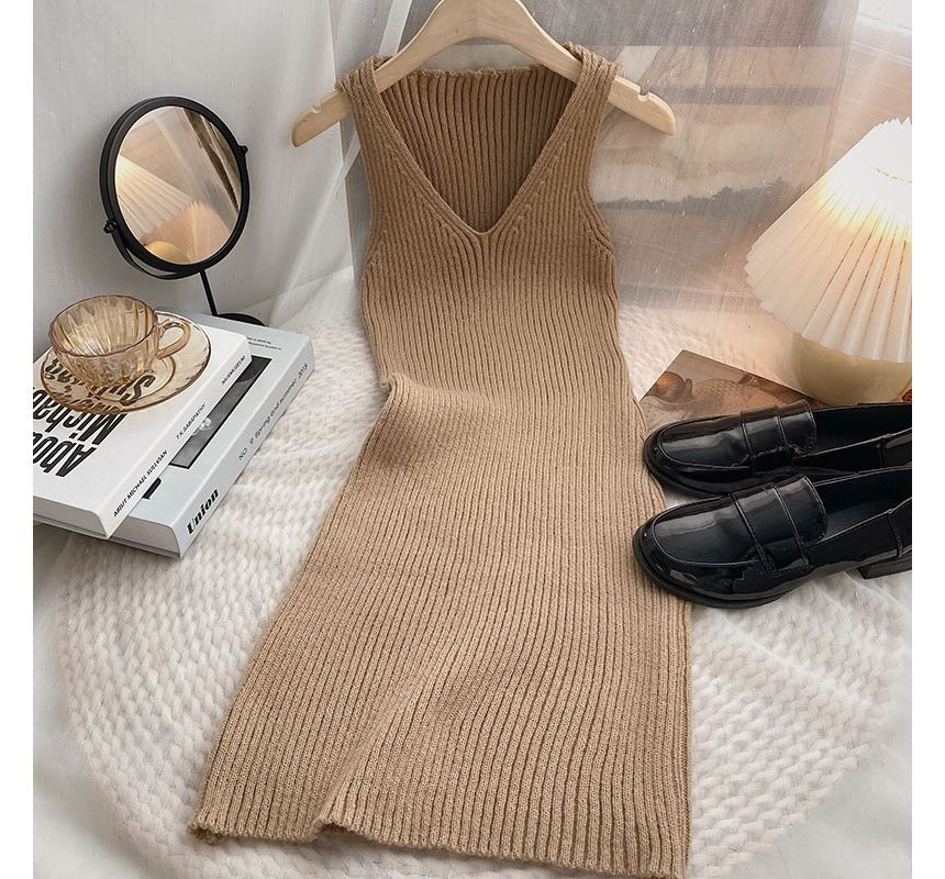 DIYI - V-hals effen slim-fit gebreide jurk