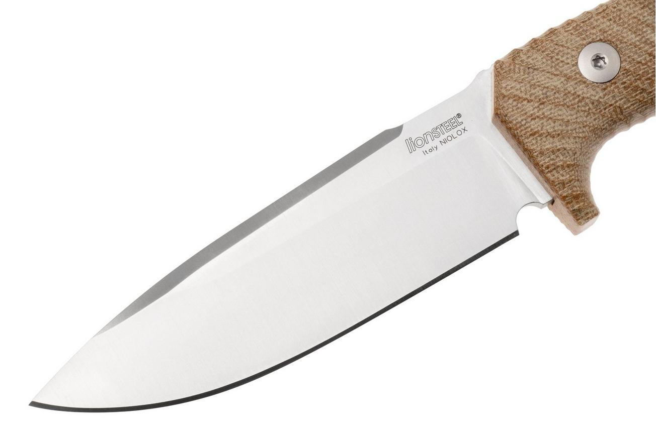 LionSteel T5-CVN Satin Niolox, Natural Canvas Micarta, vaststaand mes