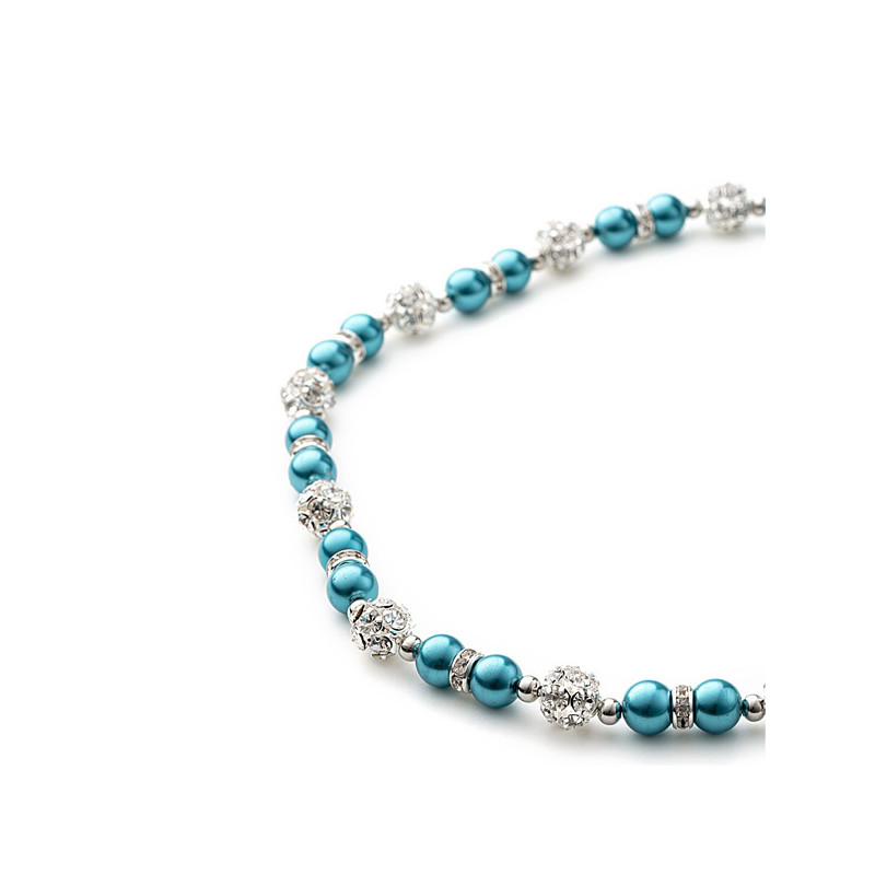 Parure Collier, Bracelet et Boucles d'oreilles Perles Bleues, Cristal et Plaqué Rhodium