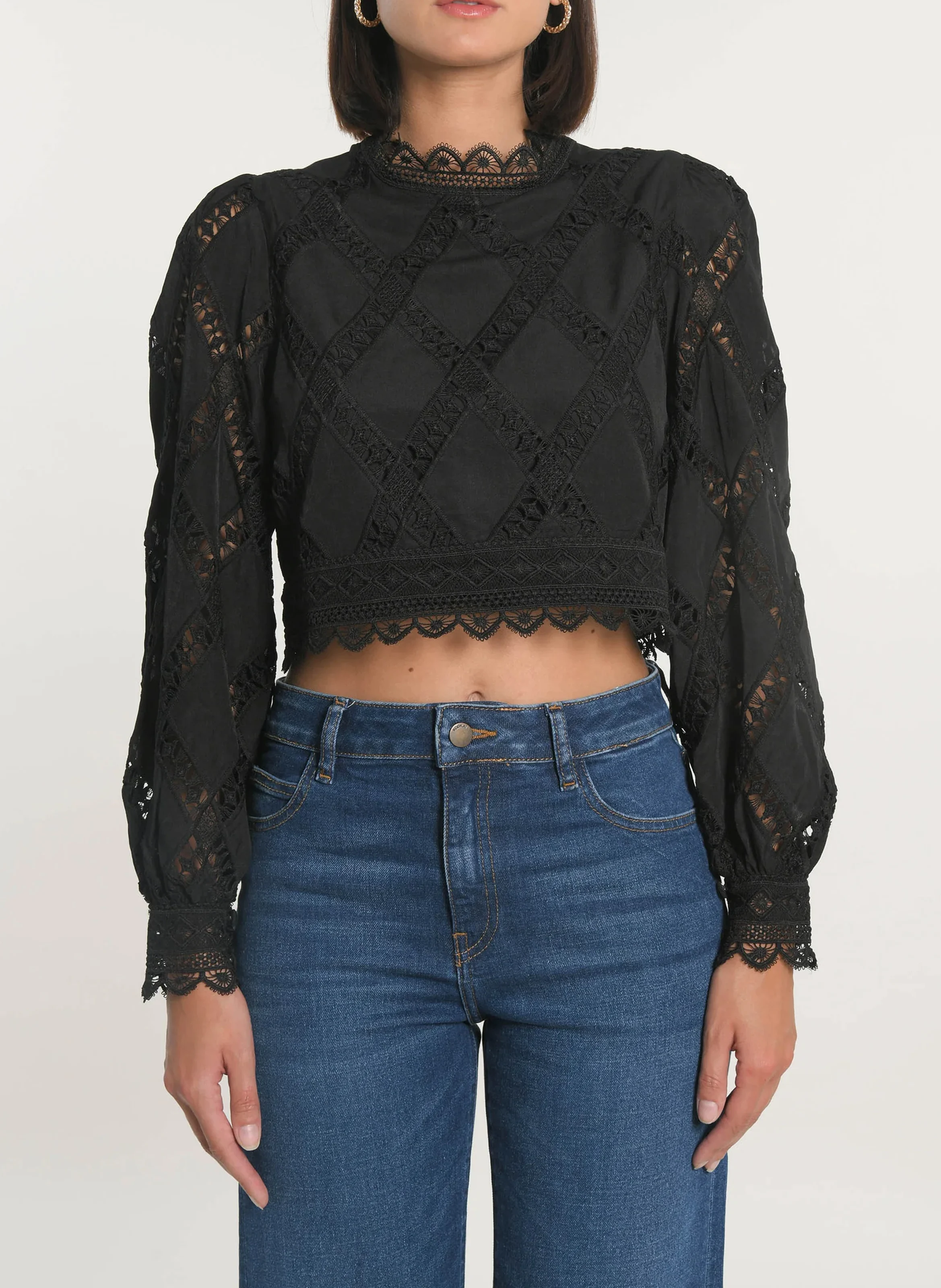 KELLY - Blouse courte en dentelle| Noir