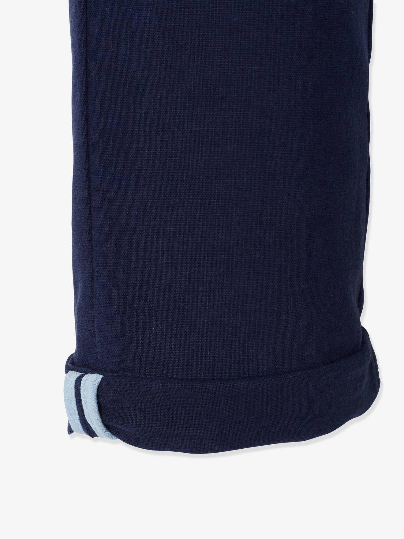 Calças chino lisas em algodão e linho bege claro para meninos, com estampas.