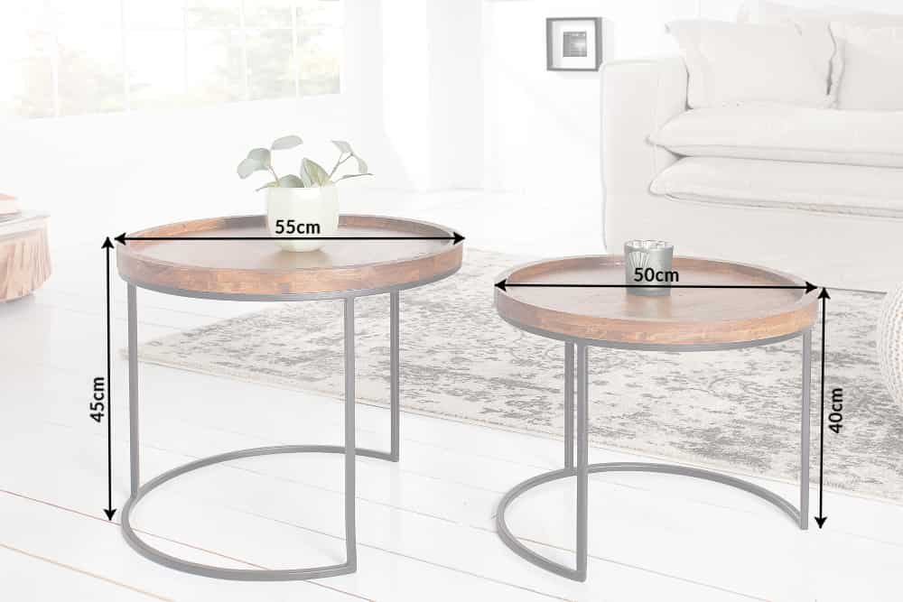 Rundes 2er Set Beistelltische ELEMENTS 55cm Akazie stone finish Metall schwarz