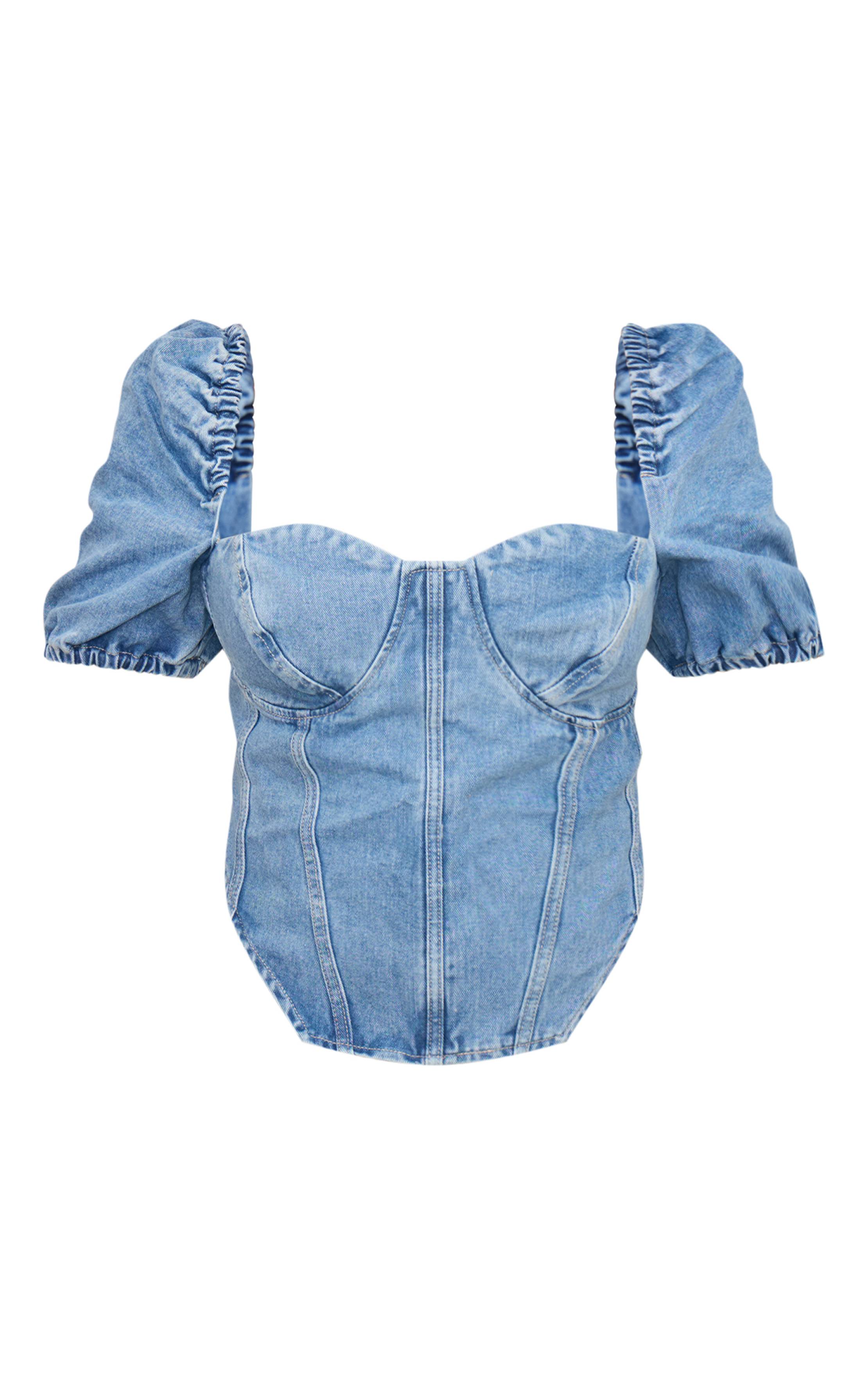 Mid Blue Wash Top Corset En Denim À Manches Bouffantes Grande Taille