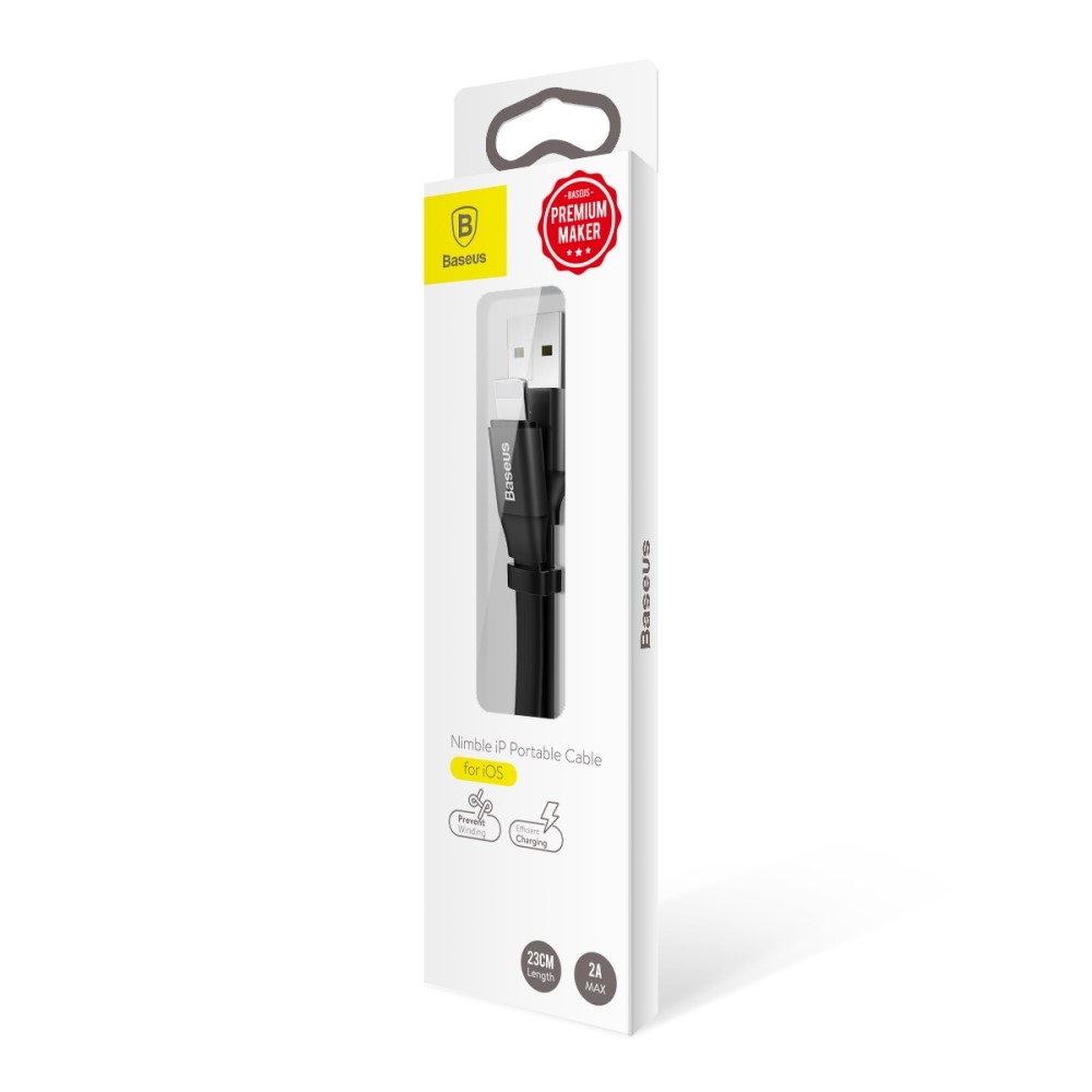 (23cm) 2A Lightning USB Flachband Mini Ladekabel - Schwarz