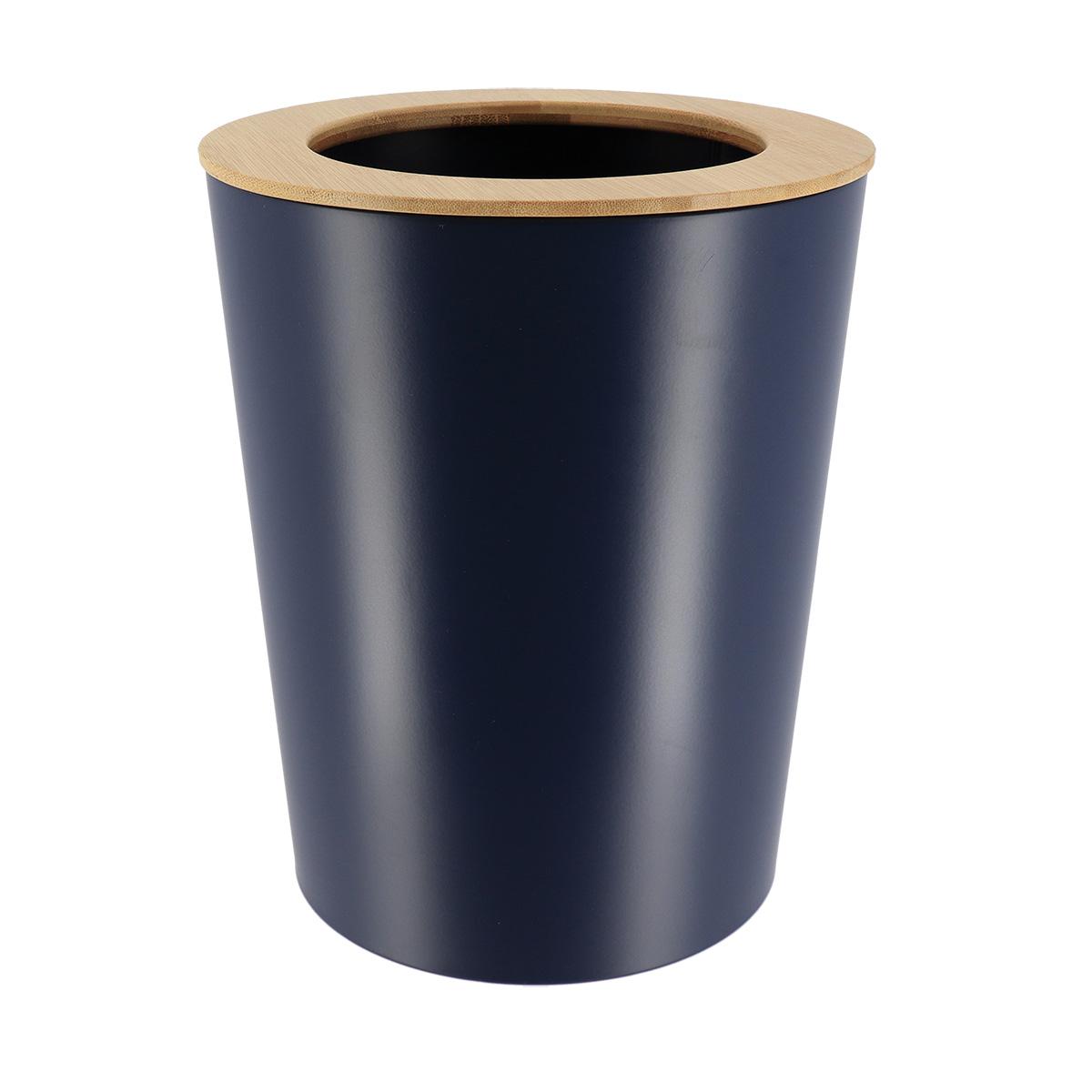POUBELLE METAL EVASEE COUVERCLE BAMBOU 5L BLEU MARINE